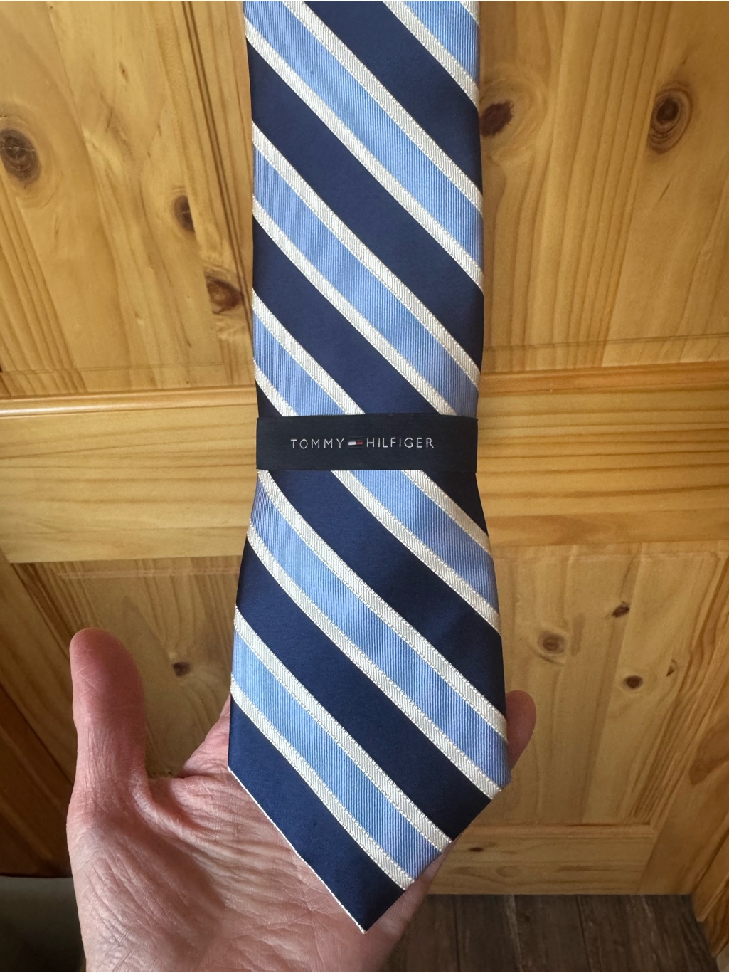 Tommy Hilfiger Navy Light Blue  White Diagonal Stripe Silk Tie